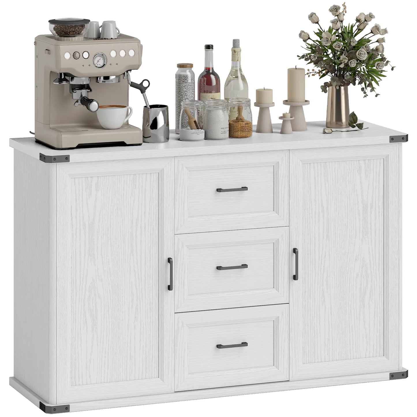 Sideboard With 3 Drawers, 2 Doors, 47" Buffet Cabinet, White Wood Grain, White