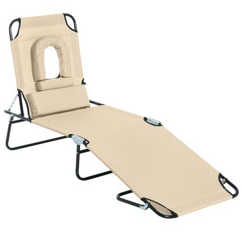 Outdoor Lounge Chair, Garden Folding Chaise Lounge w/ Adjustable Backrest, Reading Hole and Support Pillow, Beige
