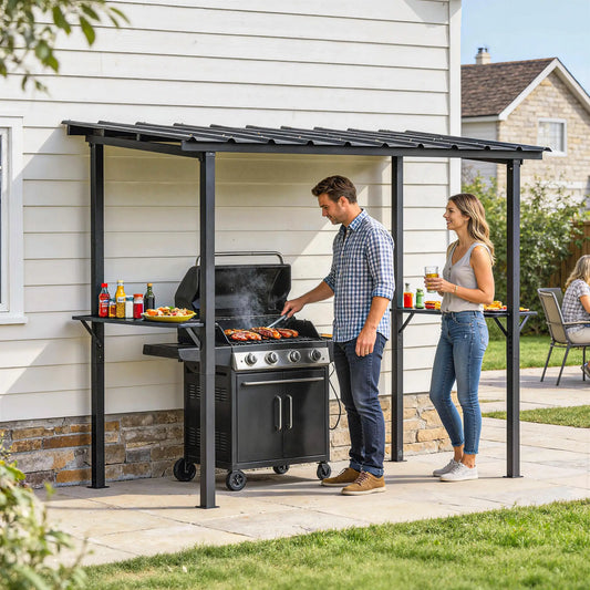 9' x 6' Hardtop Grill Gazebo, With 2 Side Shelves, Black BBQ Grill Gazebos Black at Gallery Canada