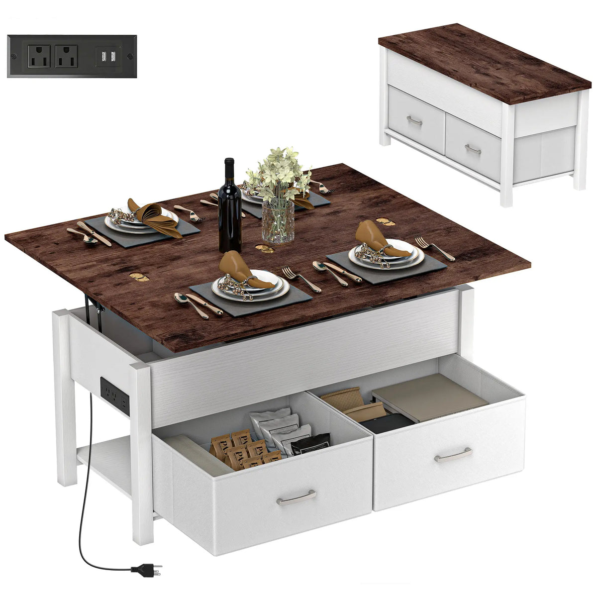 Table basse à plateau relevable, 3 compartiments cachés, 2 tiroirs en tissu