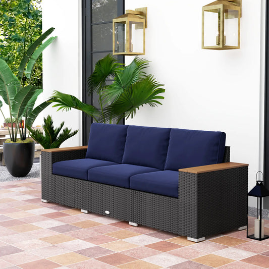 3-Seater Outdoor Sofa, PE Wicker Patio Sofa With Cushions, Dark Blue Patio Furniture Sets Brown, Dark Blue at Gallery Canada