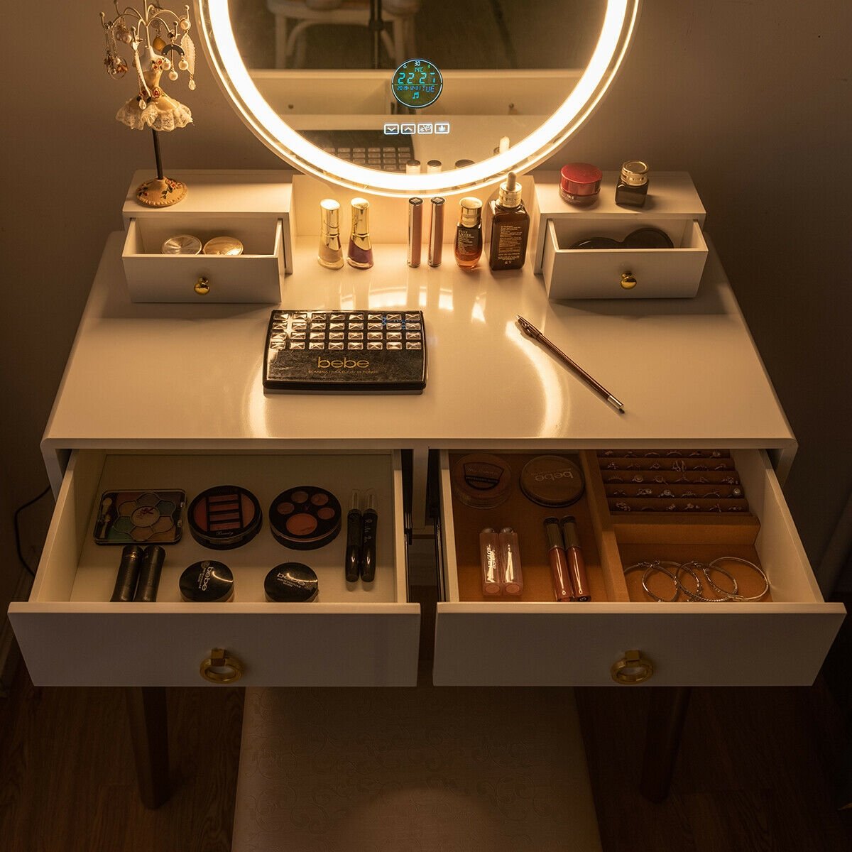 Vanity Set with 3-Color Lighted Touch Screen Dimming Mirror and 4 Drawers, White at Gallery Canada