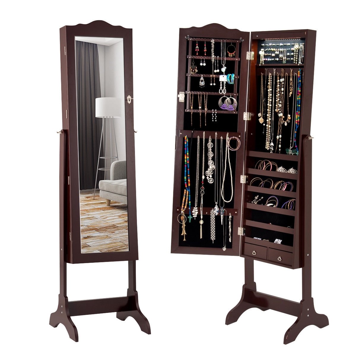 Mirrored Jewelry Cabinet Storage With Drawer And Led Lights , Coffee