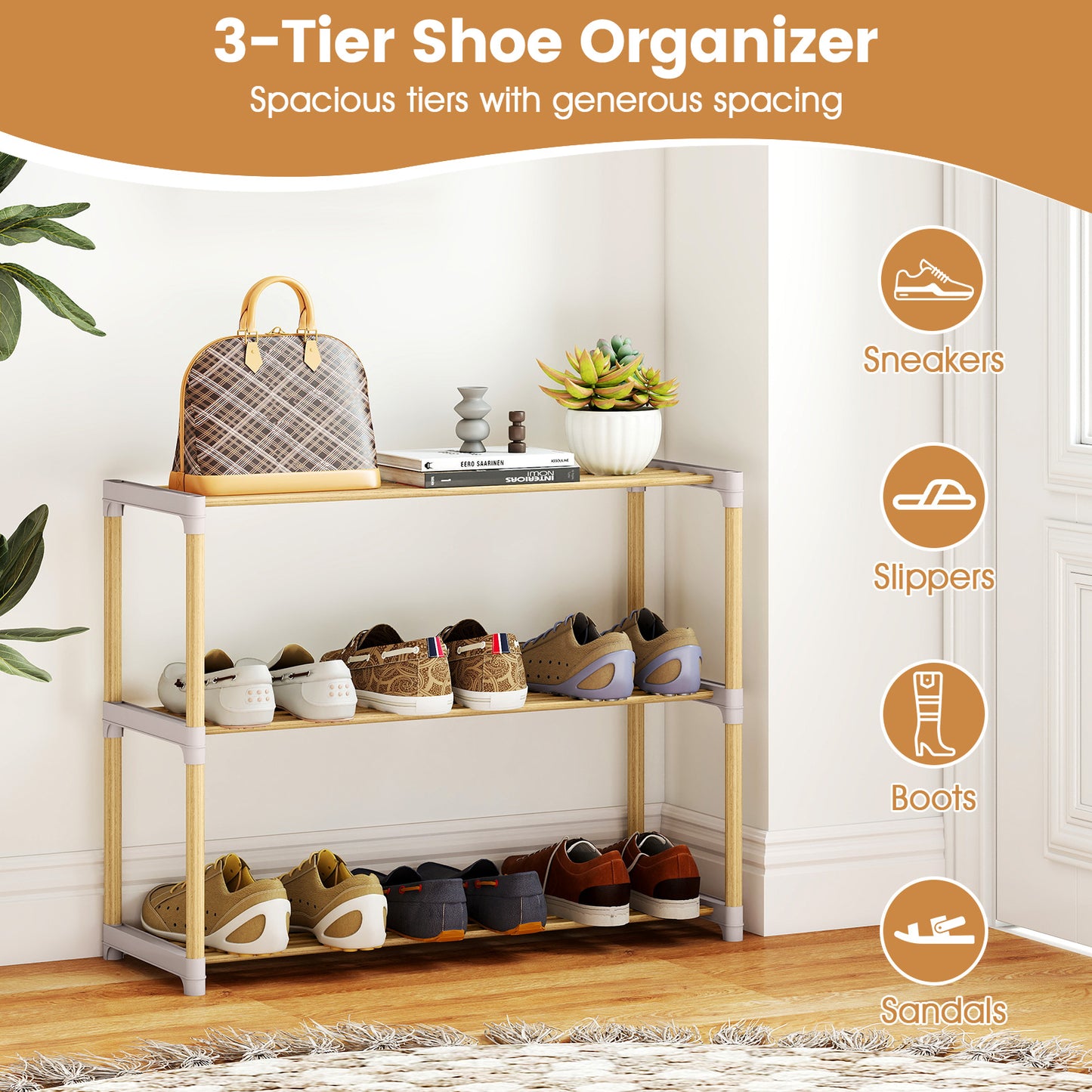 3/4-Tier Solid Wood Shoe Rack with Slatted Open Shelves-3-Tier, Natural Shoe Racks & Storage Benches at Gallery Canada