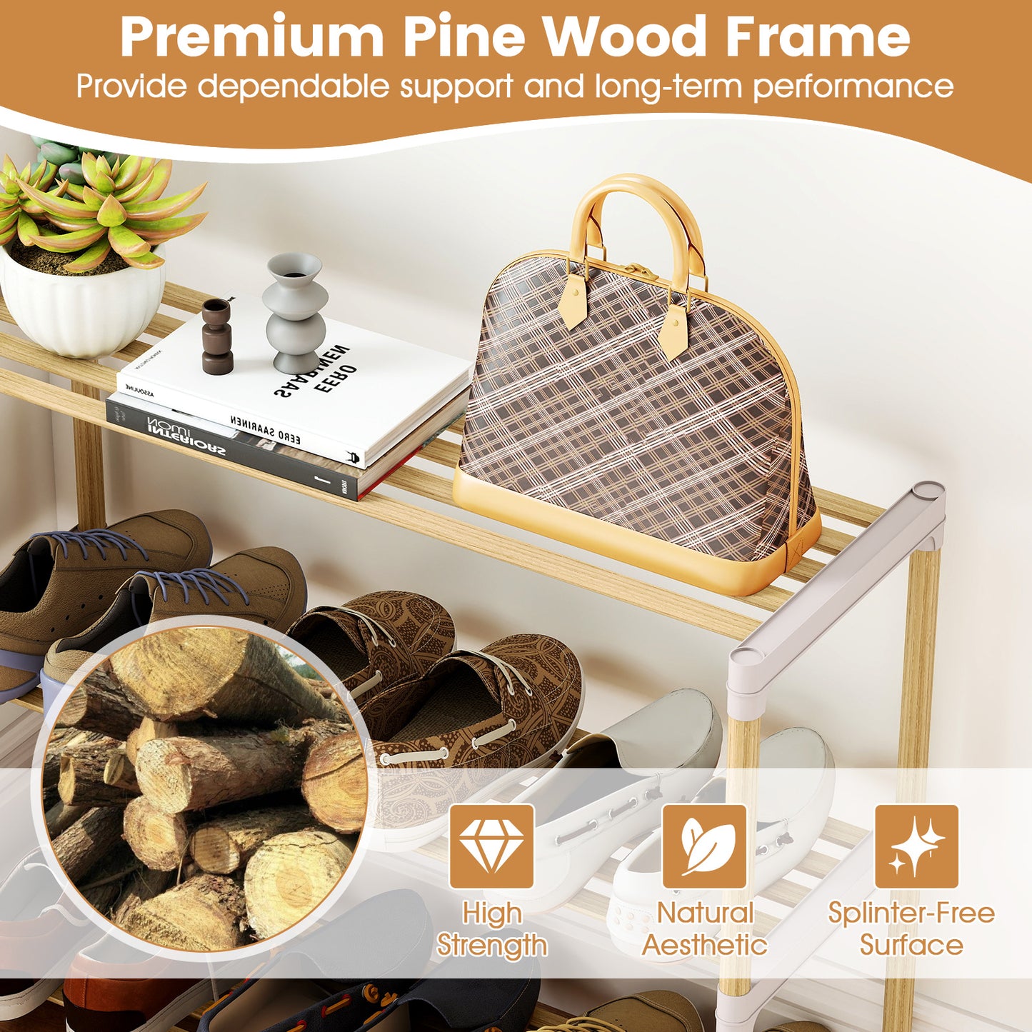 3/4-Tier Solid Wood Shoe Rack with Slatted Open Shelves-4-Tier, Natural Shoe Racks & Storage Benches at Gallery Canada