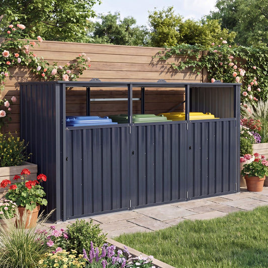 3-Bin Metal Trash Can Shed with Flip-Up Lids, Dark Gray Sheds & Outdoor Storage Dark Gray at Gallery Canada