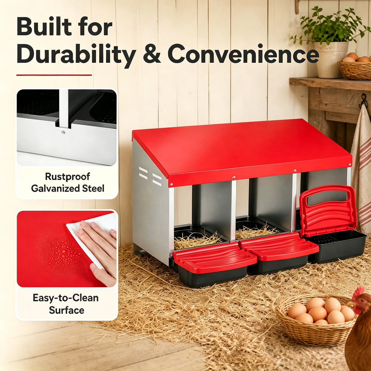 3-Compartment Roll Away Chicken Nesting Box, Red Chicken Coops at Gallery Canada