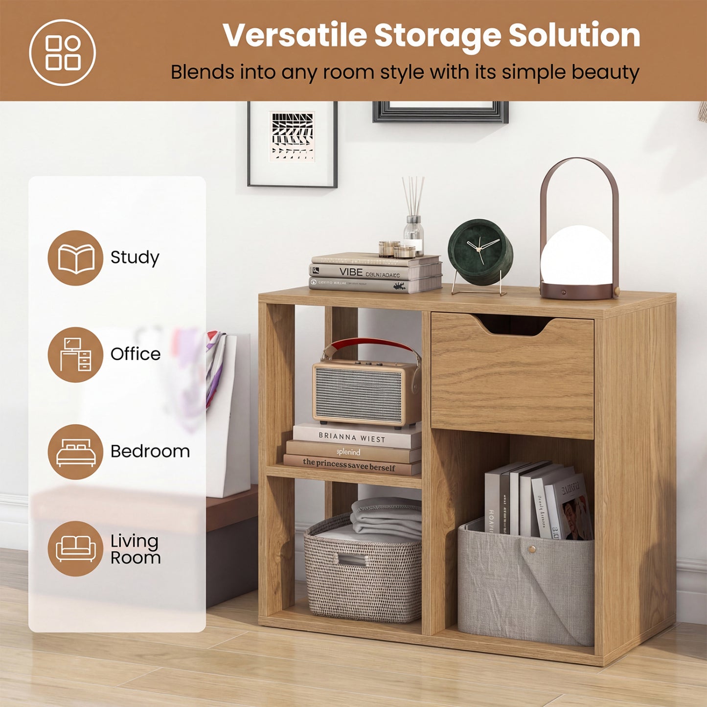 3-Cube Bookcase 2-Tier Wooden Shelf with Drawer, Natural Bookcases at Gallery Canada