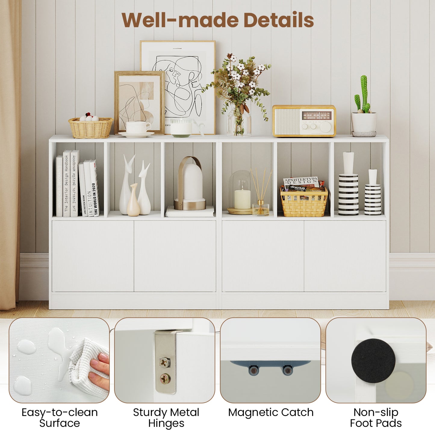 3-Cube Bookcase with Doors 3-Tier Cubic Bookshelf with Open Compartments and Cabinet, White Bookcases at Gallery Canada