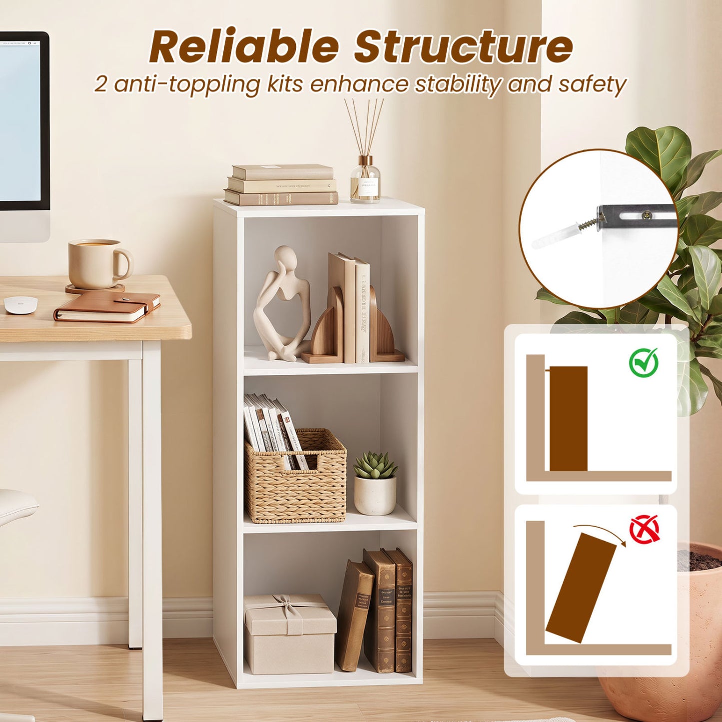 Bibliothèque de rangement à 3 cubes avec kit anti-basculement, blanc