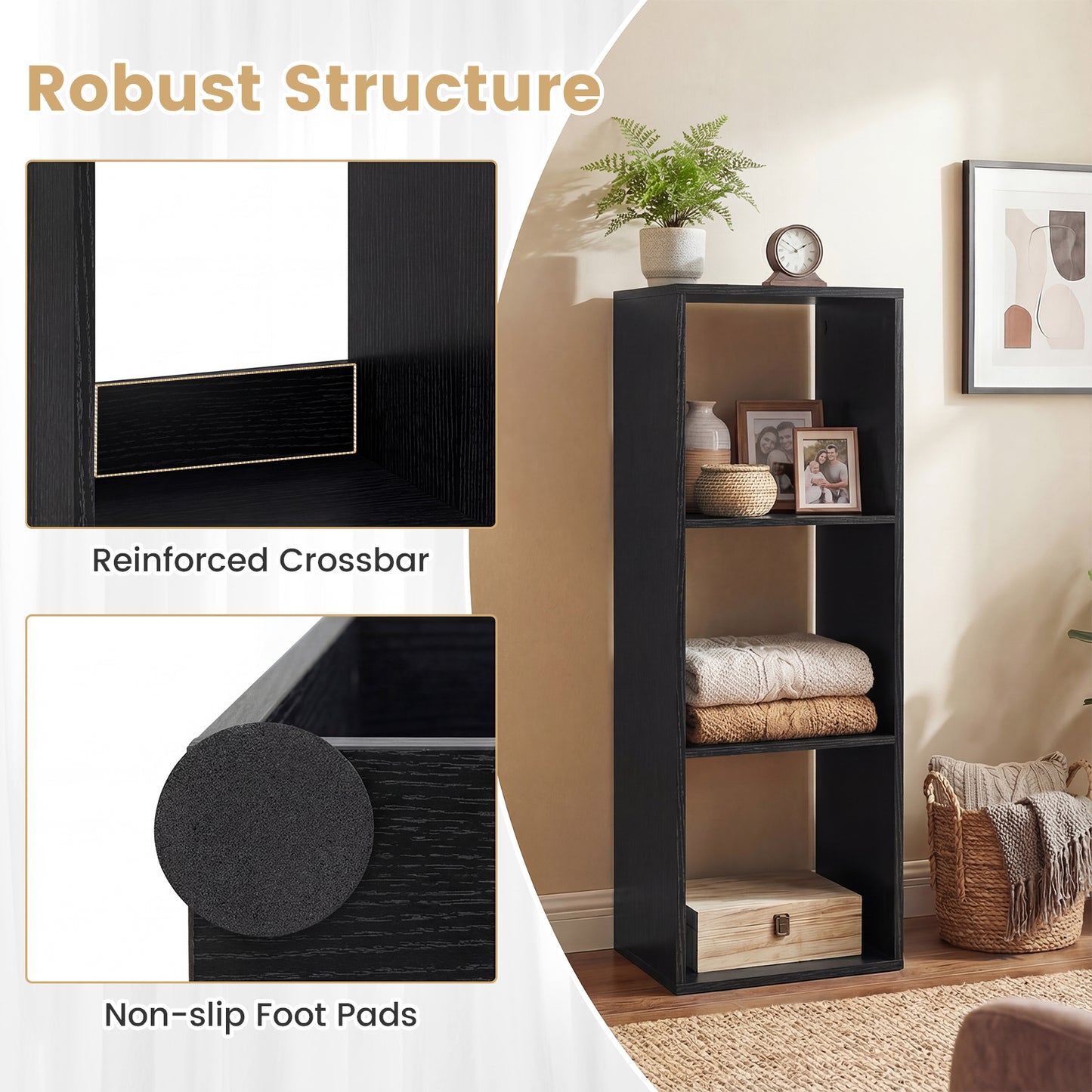 3 Cube Bookshelf with Back Guardrail for Living Room Bedroom, Black Bookcases at Gallery Canada