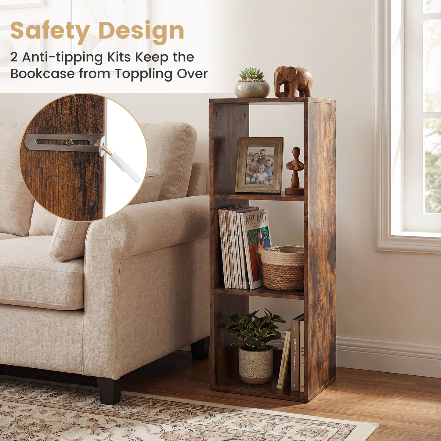 3 Cube Bookshelf With Back Guardrail, Brown Bookcases at Gallery Canada