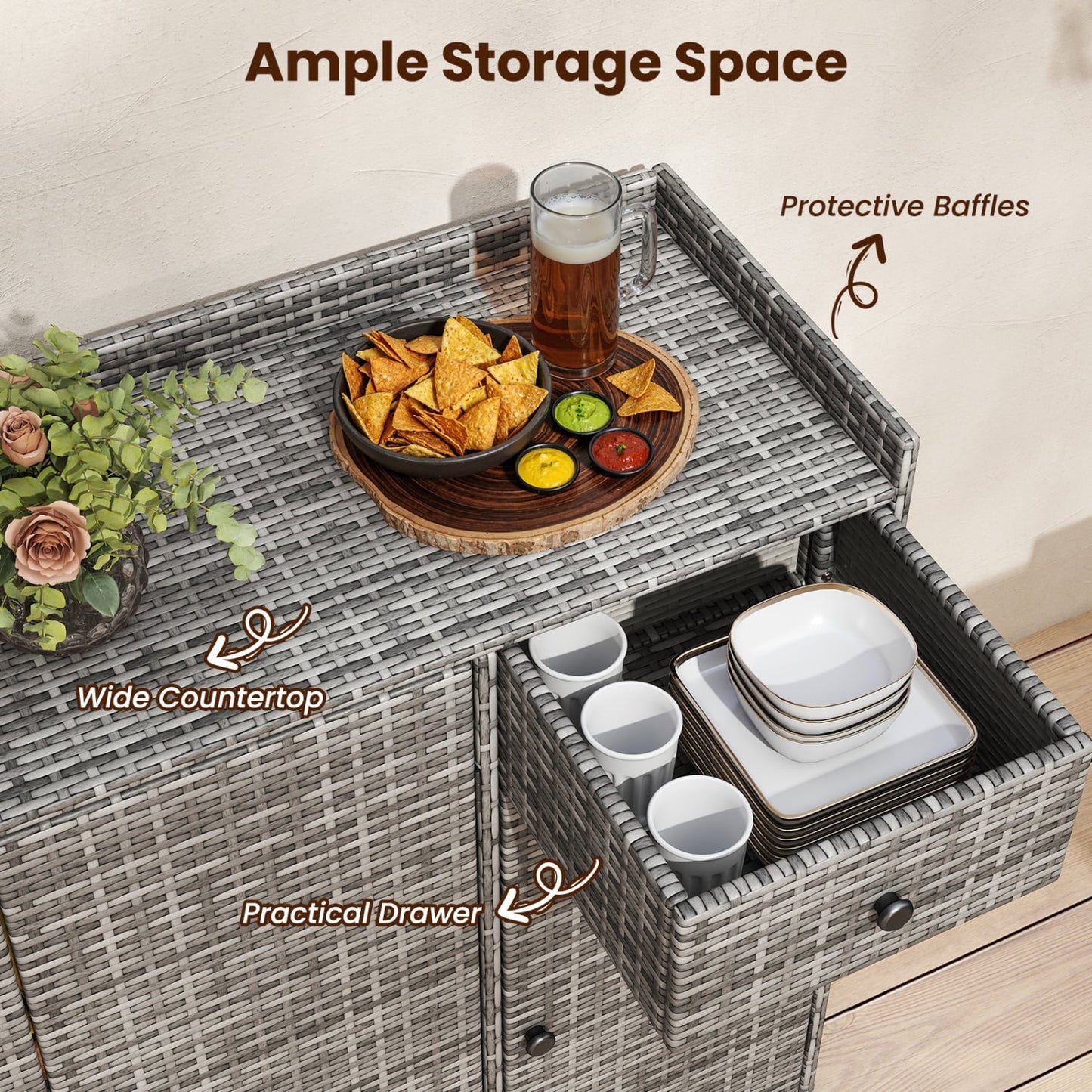 3 Door Outdoor PE Wicker Storage Cabinet
