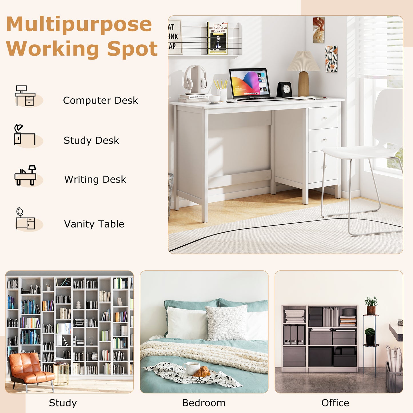 3-Drawer Computer Desk, Spacious Desktop, White