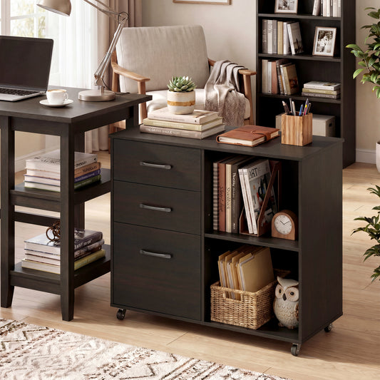 3-Drawer Mobile Lateral File Cabinet Printer Stand, Dark Brown File Cabinets Dark Brown at Gallery Canada