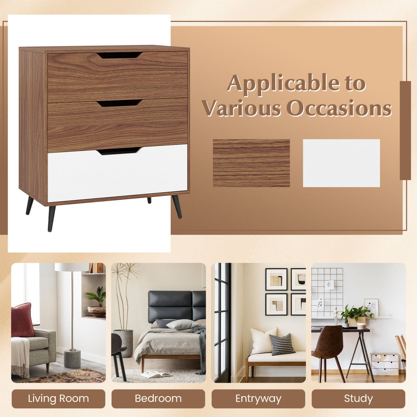 3-Drawer Rustic Farmhouse Wooden Storage Dresser, Walnut Dressers & Chests at Gallery Canada