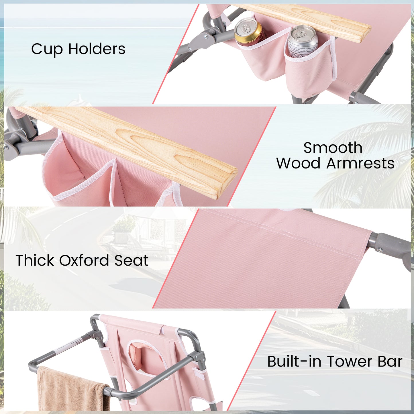 3-In-1 Foldable Beach Chair, Footrest, Adjustable Backrest, Pink Beach & Lawn Chairs at Gallery Canada