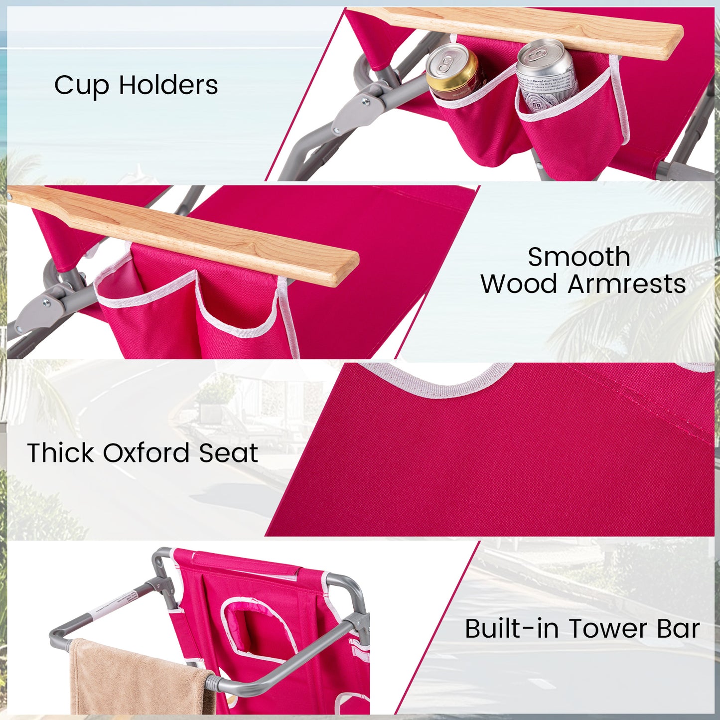 3-IN-1 Foldable Beach Chair with Footrest and Adjustable Backrest, Peach Beach & Lawn Chairs at Gallery Canada