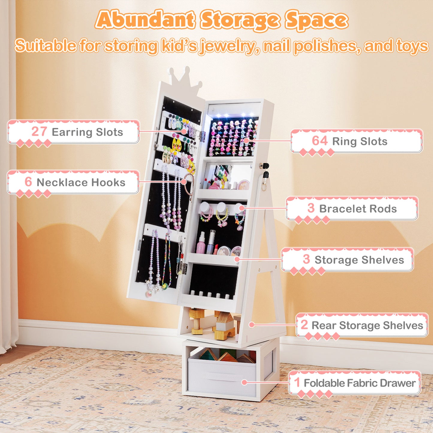 Kids Jewelry Cabinet, 3 In 1, With 3-Color Lighted Mirror, White Kids Vanities at Gallery Canada