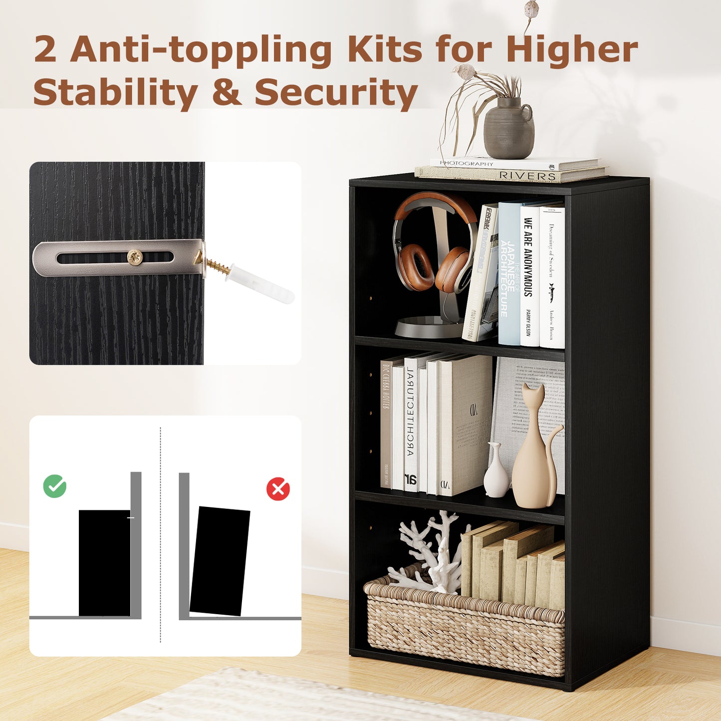 3 Open Shelf Bookcase, Modern Storage Display Cabinet, Black Bookcases at Gallery Canada