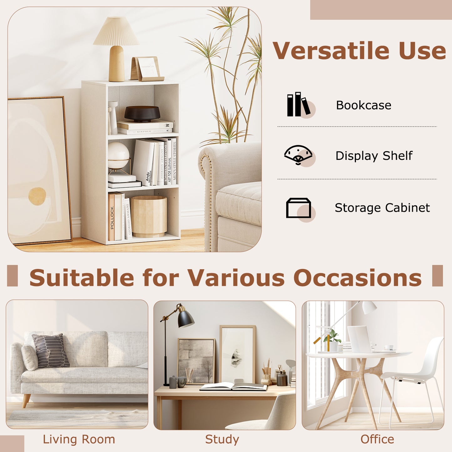 Modern 3 Open Shelf Bookcase Display Cabinet, White Bookcases at Gallery Canada