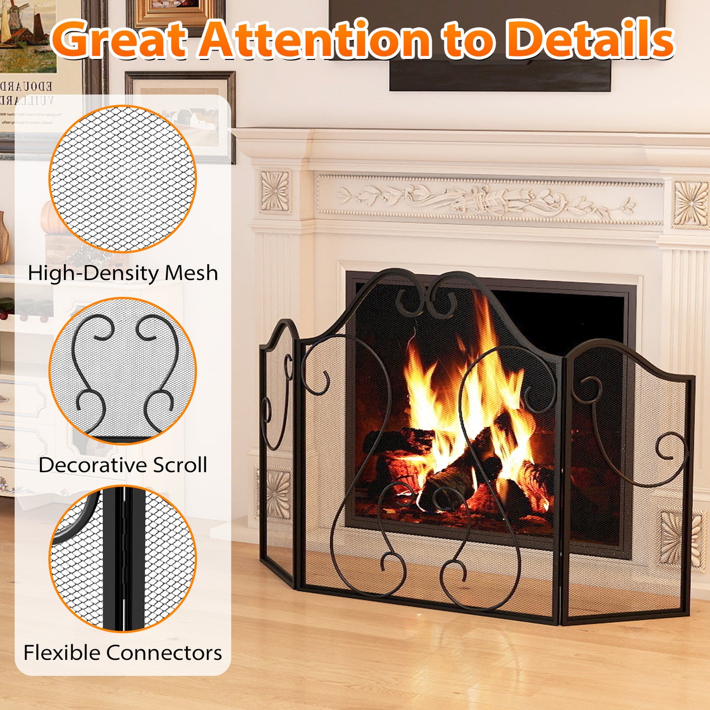 3 Panel Fireplace Screen Foldable Spark Guard Cover with Decorative Scroll Fireplace Tools at Gallery Canada