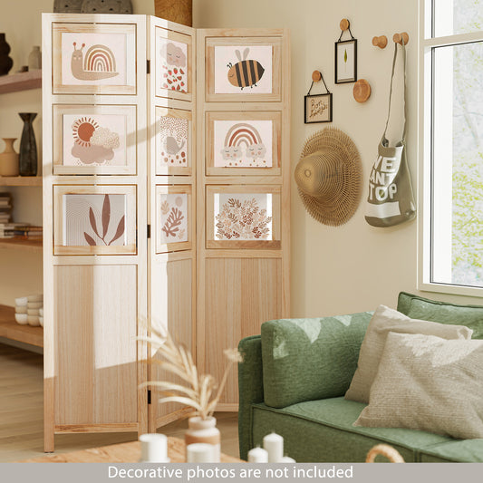 3 Panel Folding Privacy Screen with 9 Swivel Paulownia Wood Photo Frames, Natural Room Dividers Natural at Gallery Canada