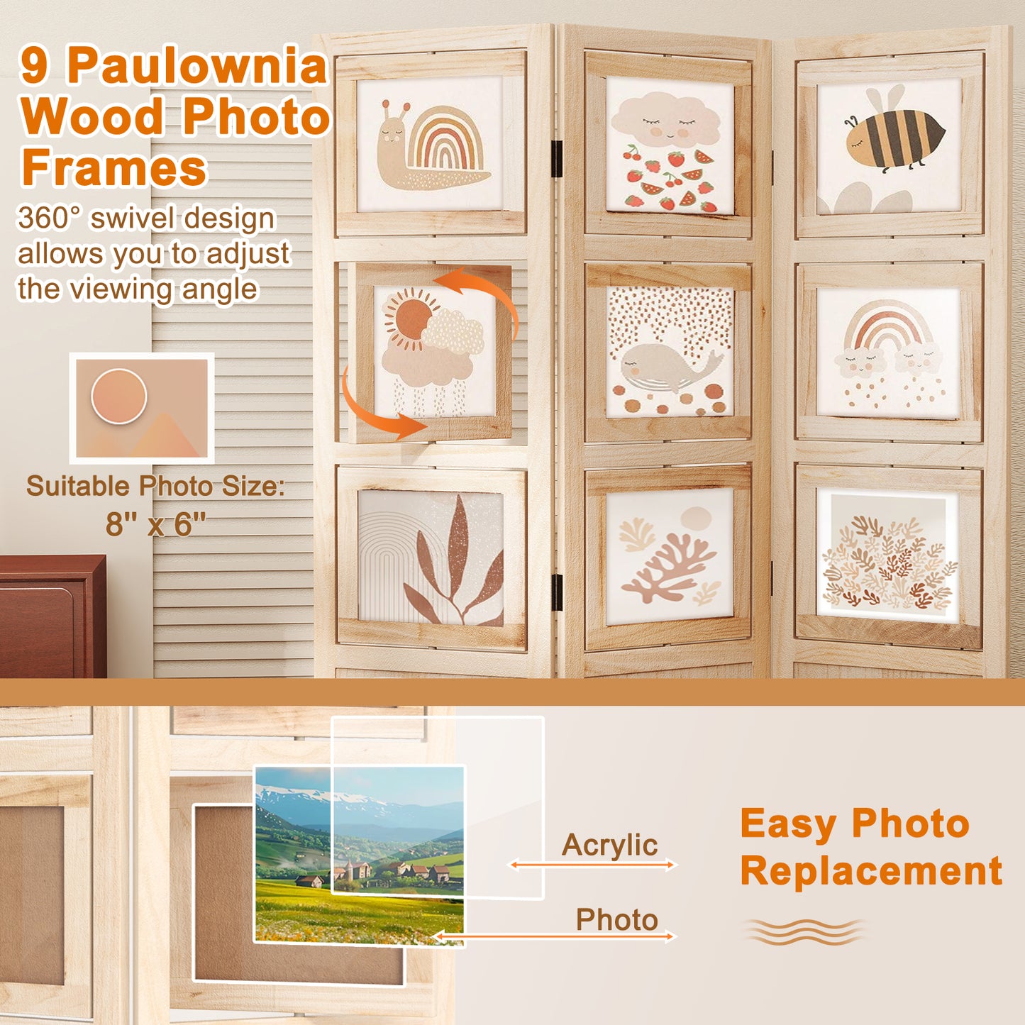 3 Panel Folding Privacy Screen with 9 Swivel Paulownia Wood Photo Frames, Natural Room Dividers at Gallery Canada