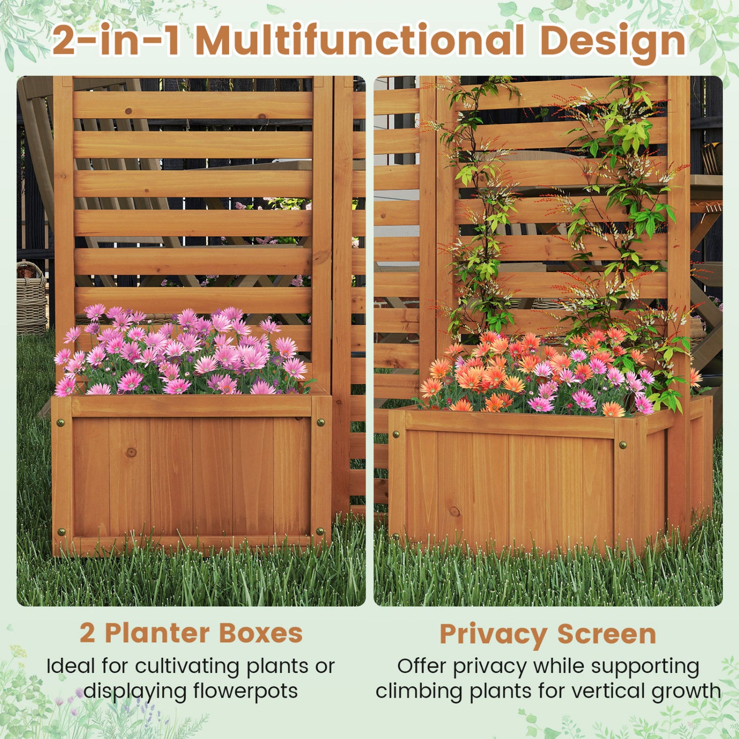 3-Panel Solid Wood Frame Freestanding Garden Fence with 2 Self-Draining Planter Boxes, Yellow Raised Garden Beds at Gallery Canada