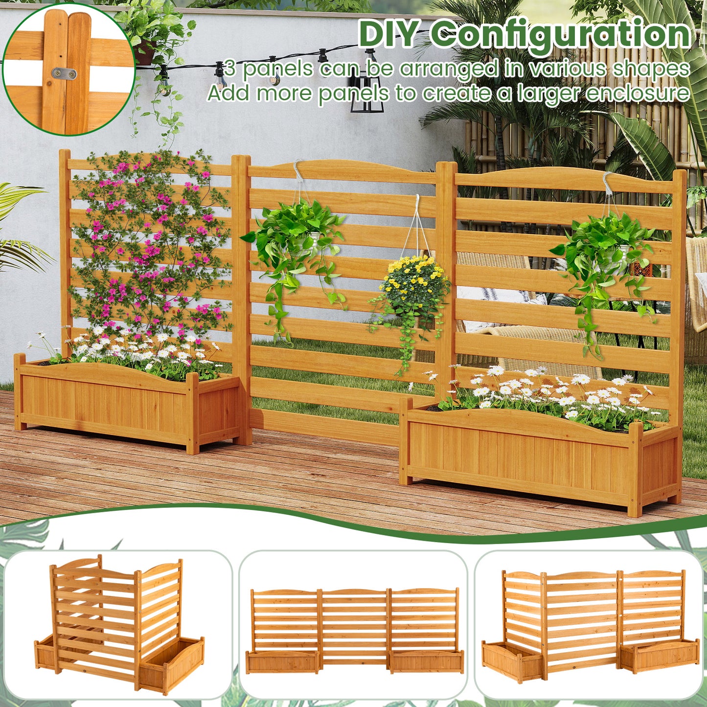 3-Panel Wood Air Conditioner Fence with Planter Box Freestanding Privacy Screen, Yellow