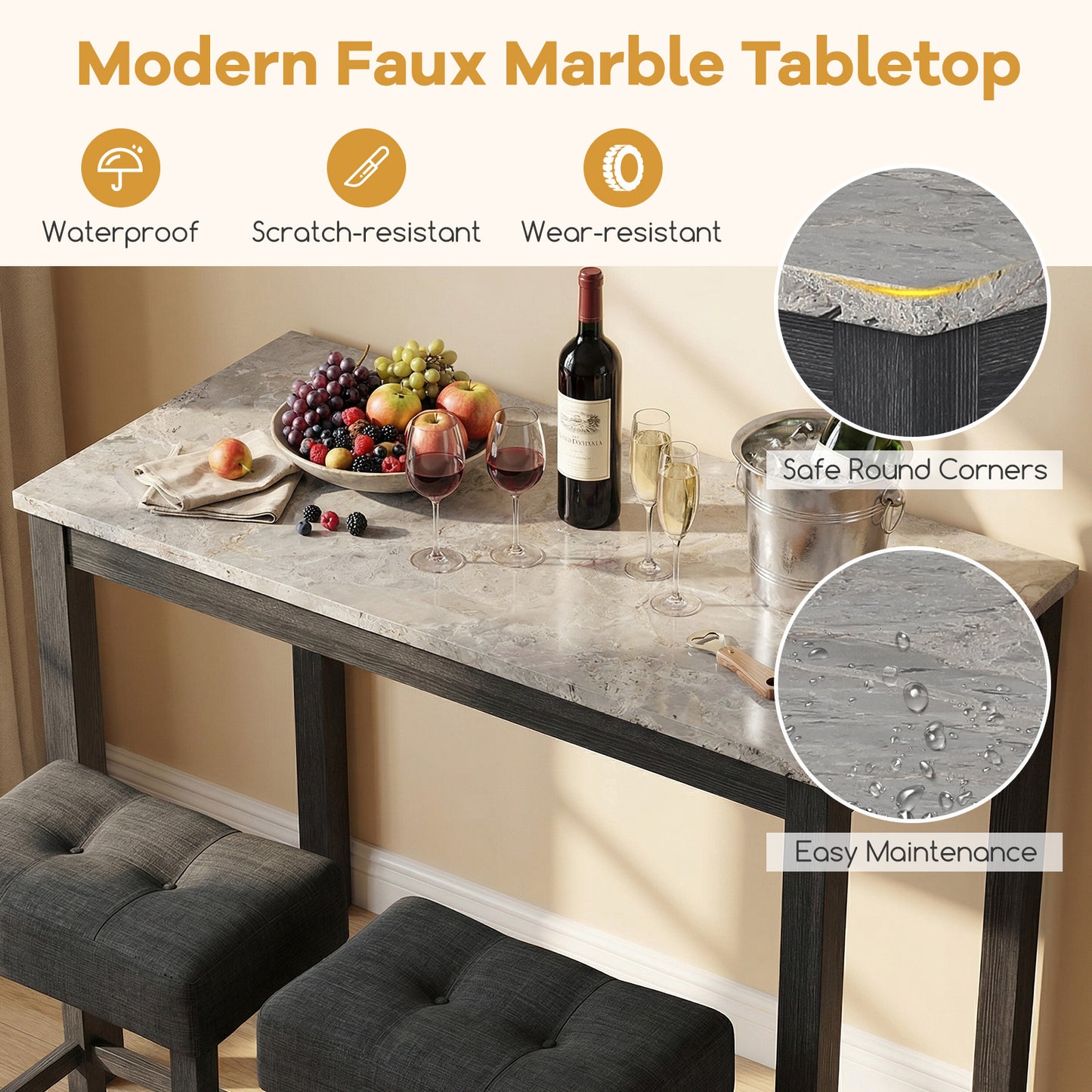 3-Piece Bar Table Set with Charging Station with Faux Marble Top-GR, Gray Dining Room Sets at Gallery Canada