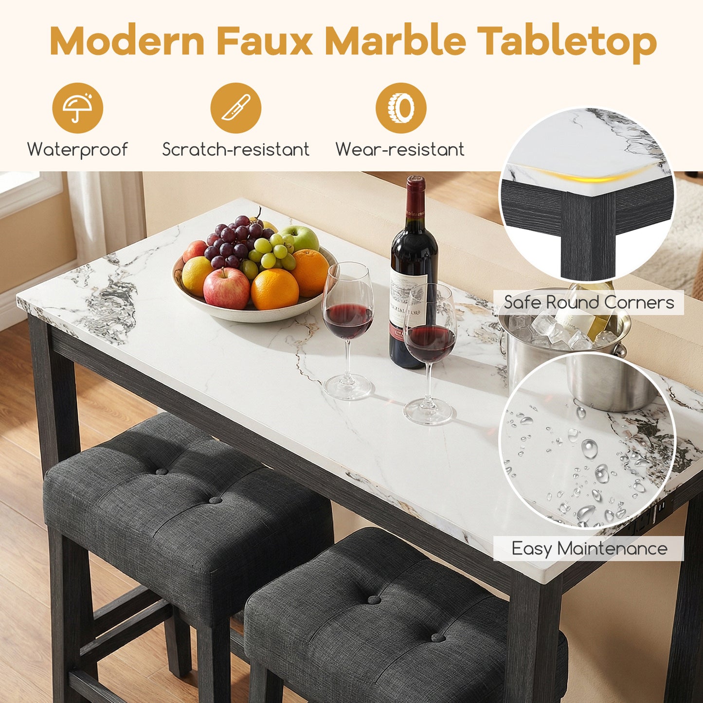 3-Piece Bar Table Set with Charging Station with Faux Marble Top-WH, White Dining Room Sets at Gallery Canada