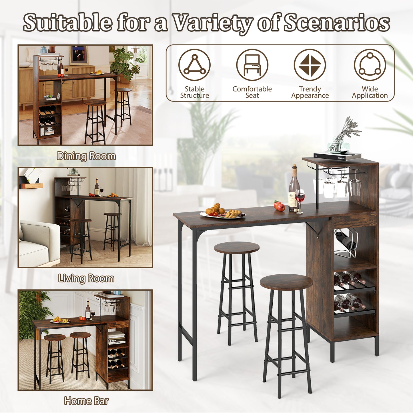 3 Piece Bar Table And Chairs Set, 6-Bottle Wine Rack, Rustic Brown Dining Room Sets at Gallery Canada