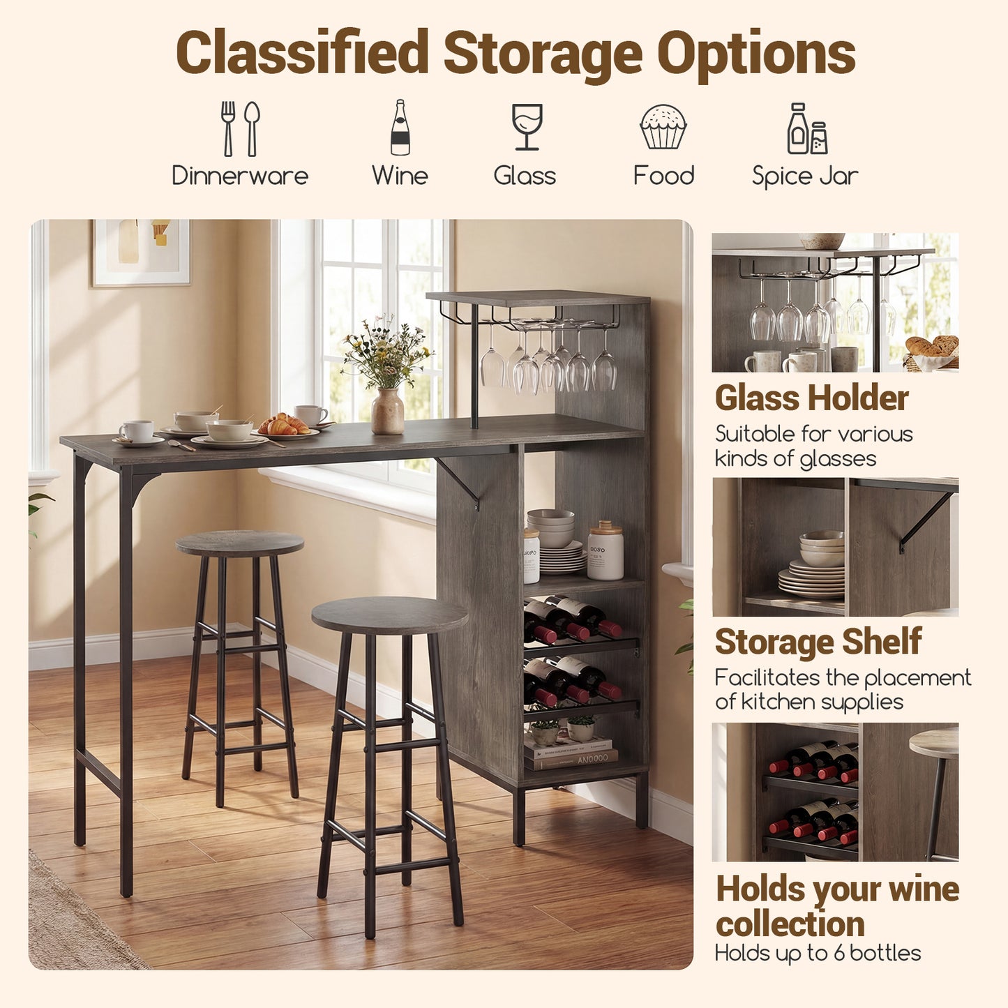 3 Piece Bar Table And Chairs Set, 6-Bottle Wine Rack, Oak Dining Room Sets at Gallery Canada