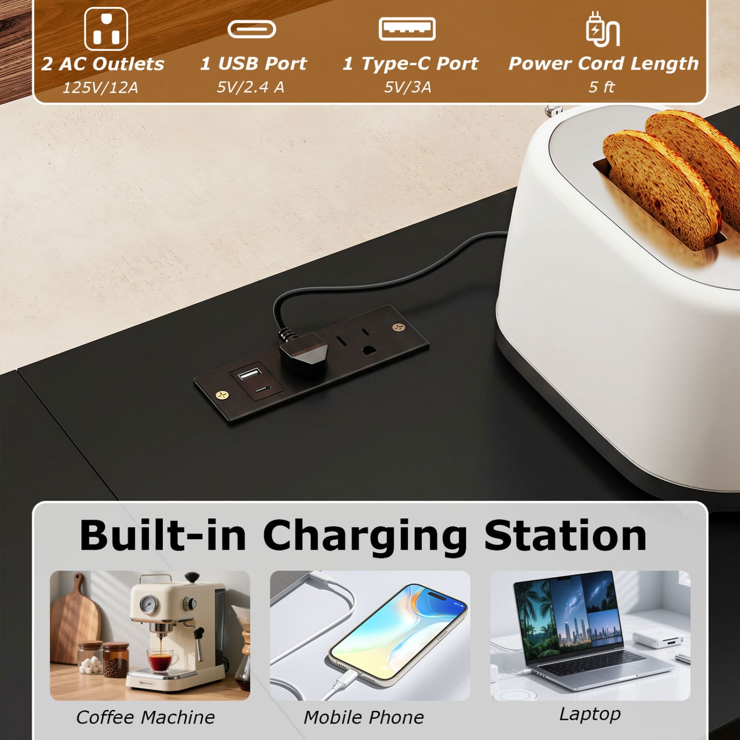 3-Piece L-Shaped Kitchen Set, 2 AC Outlets & USB, Black