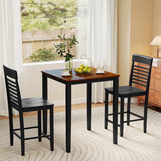 3-Piece Counter-Height Dining Table Set for 2 with Rubber Wood Frame and Footrest, Black