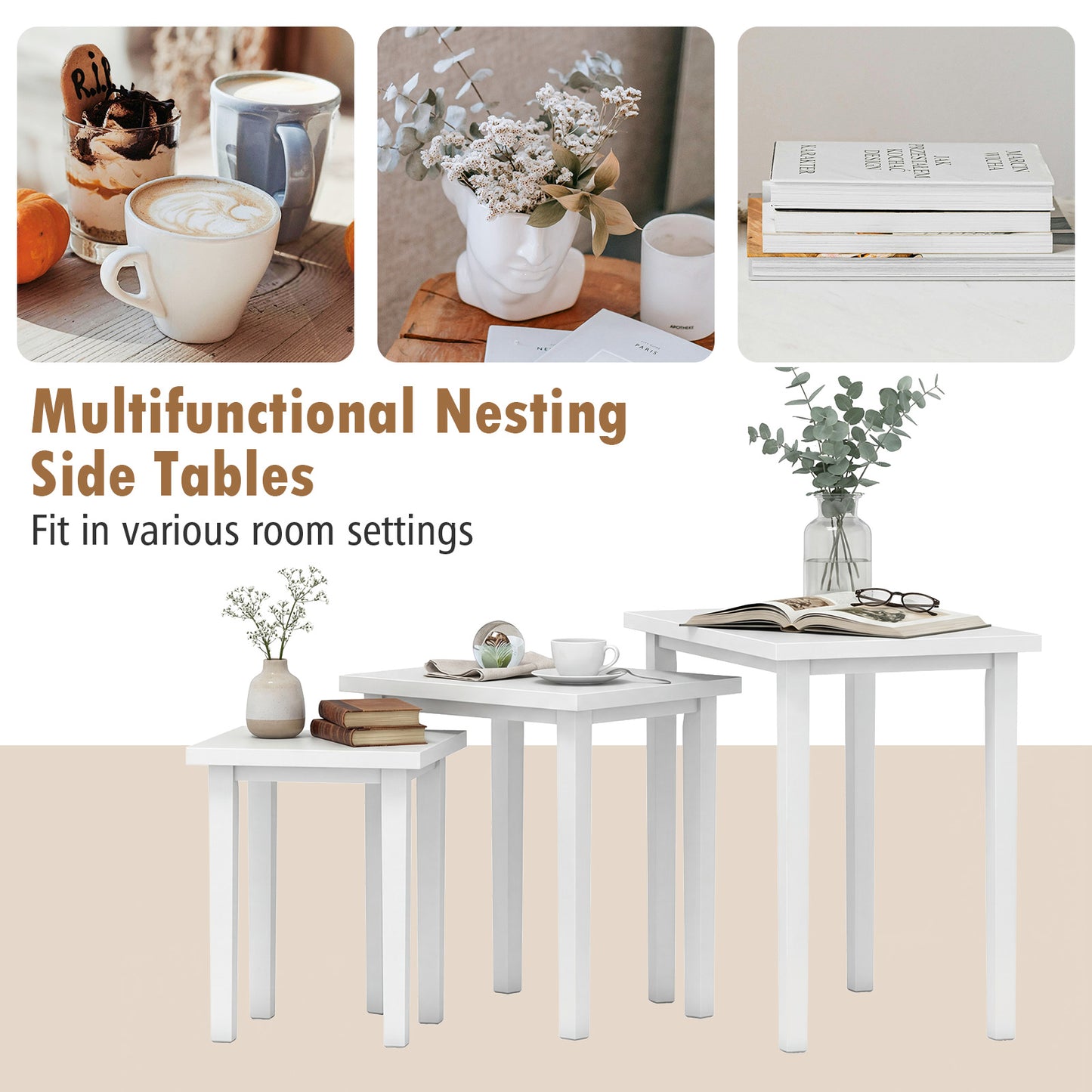 3-Piece Farmhouse Rectangle Side Table Set, White End & Side Tables at Gallery Canada