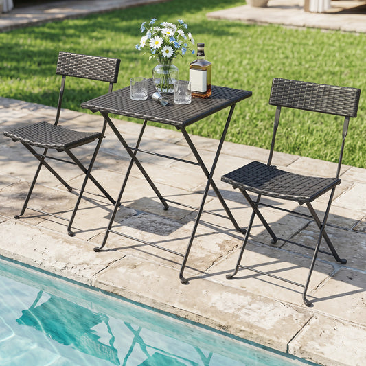 3-Piece Folding Bistro Set, PE Wicker, Black Patio Dining Sets Black at Gallery Canada