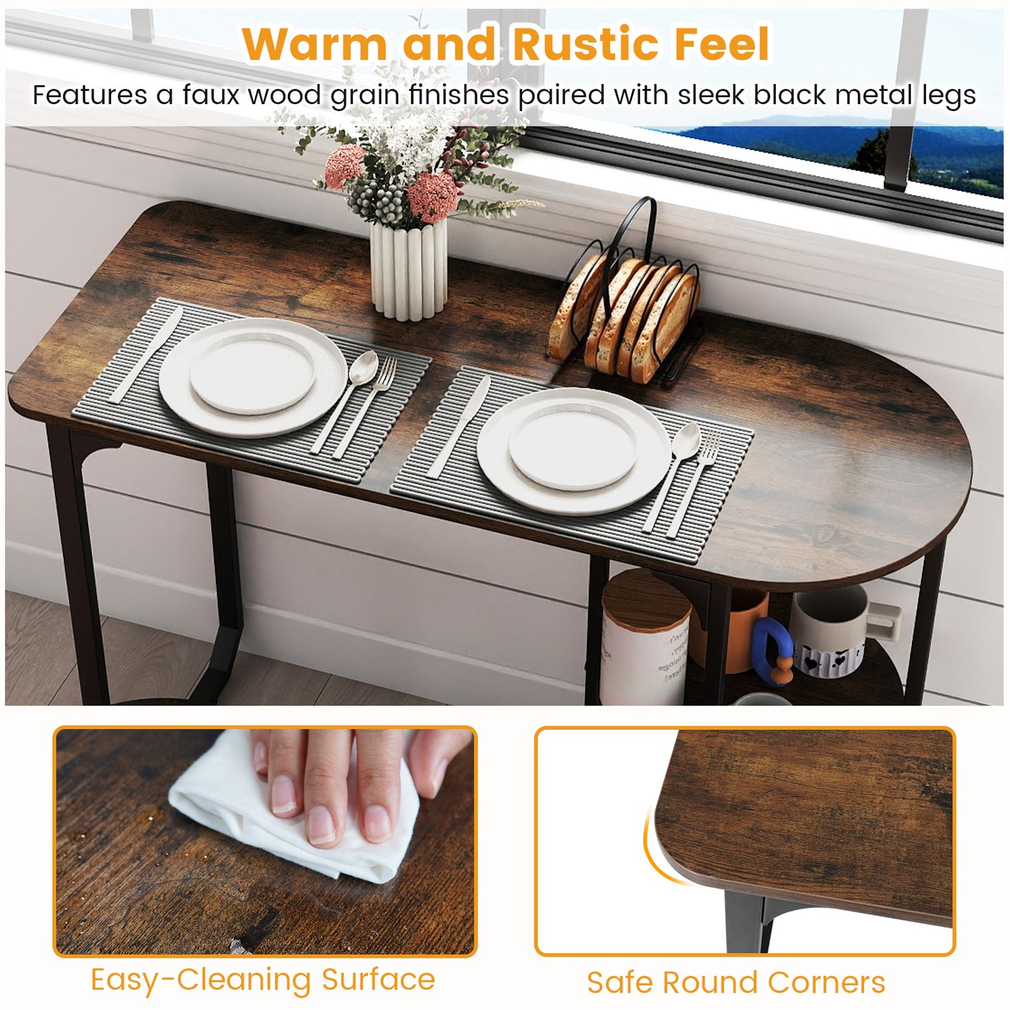 3-Piece Industrial Dining Table Set for Small Space, Rustic Brown Dining Room Sets at Gallery Canada