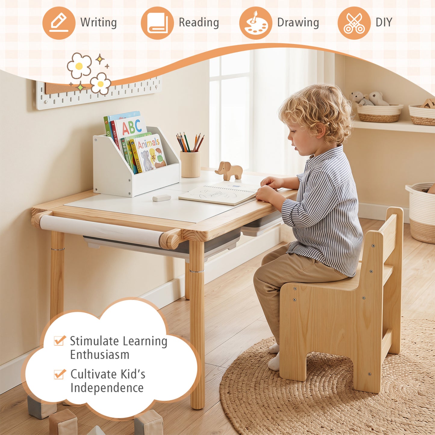 3-Piece Kids Activity Table & Chair Set, Adjustable Height, Natural Kids Table & Chair Sets at Gallery Canada