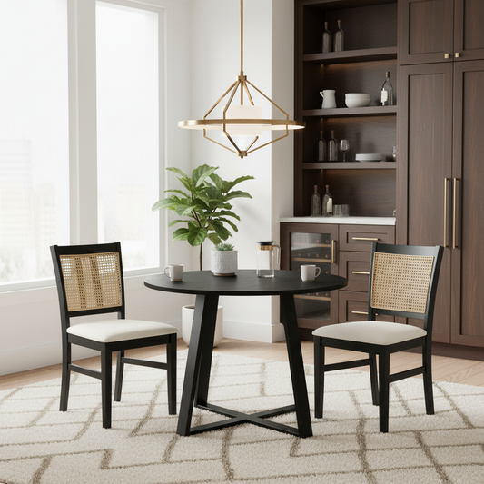 3-Piece Mid-Century Dining Set with 36” Round Pedestal Table and 2 Farmhouse Rattan Dining Chairs Dining Room Sets Options at Gallery Canada