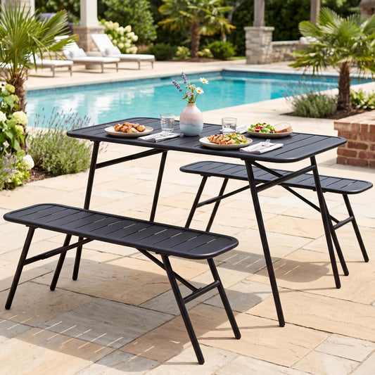 3-Piece Outdoor Dining Set with Coffee Table, 2 Benches, Black Patio Dining Sets Black at Gallery Canada