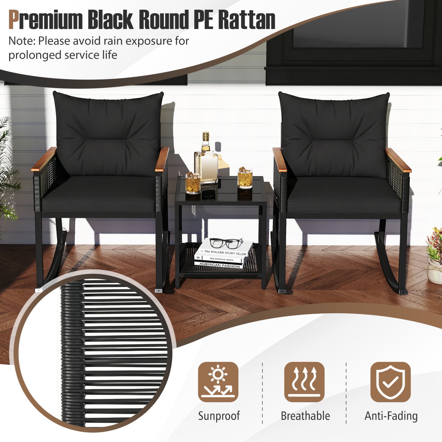 3-Piece Outdoor Rattan Bistro Set, Black