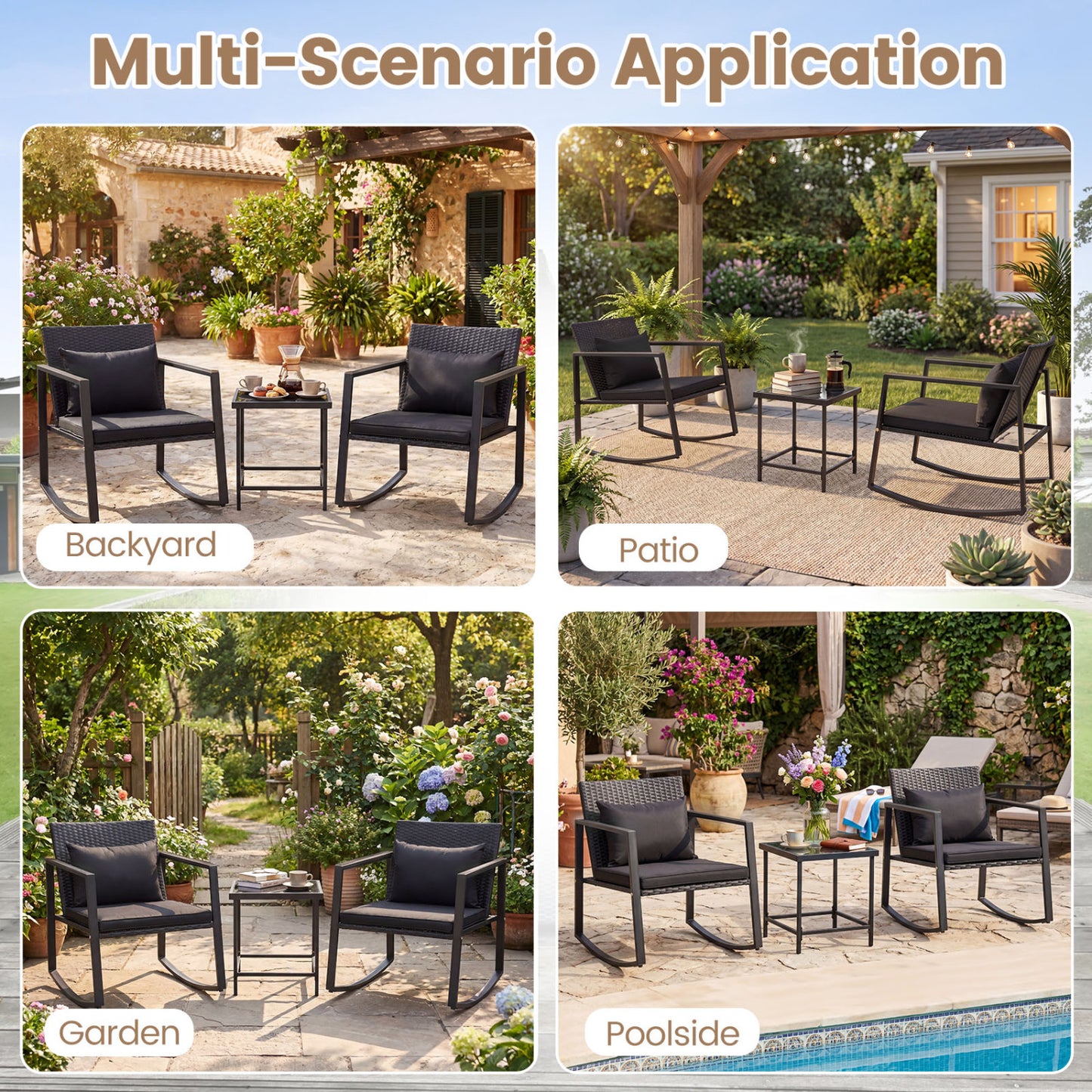 3-Piece Outdoor Rocking Bistro Set with Soft Cushions & Tempered Glass Table-Dark, Black Patio Furniture Sets at Gallery Canada