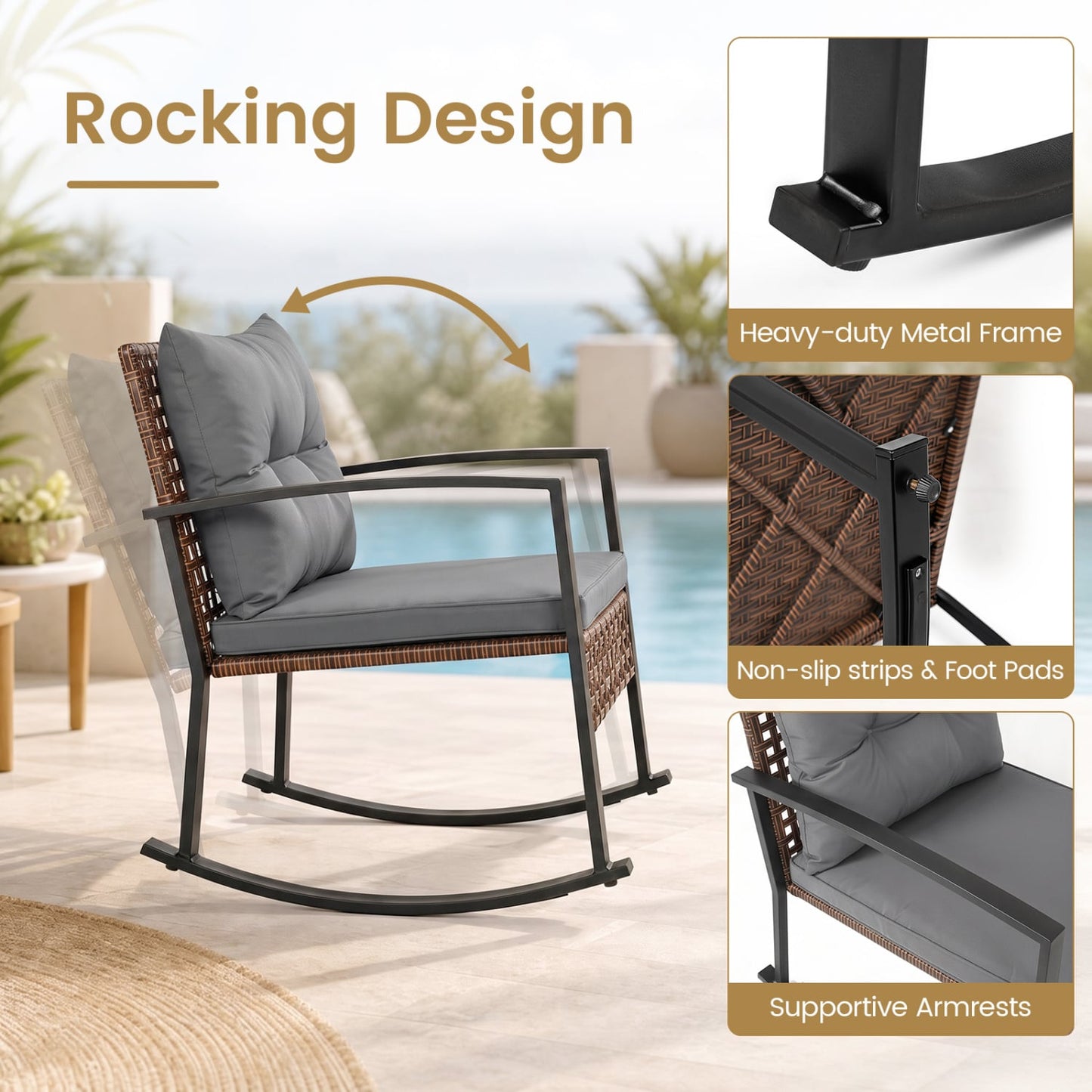 3-Piece Outdoor Rocking Chair Set, Gray