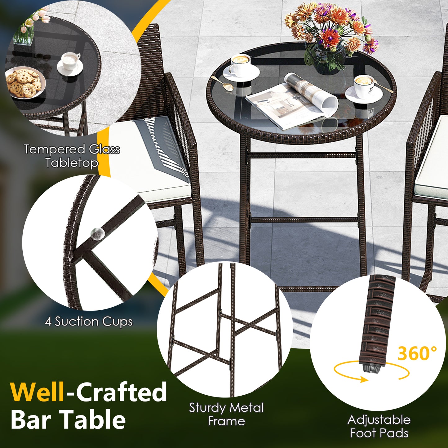 3 Piece Patio Bar Set Outdoor Wicker Bar Height Table and Armchairs, White Patio Bar Furniture at Gallery Canada