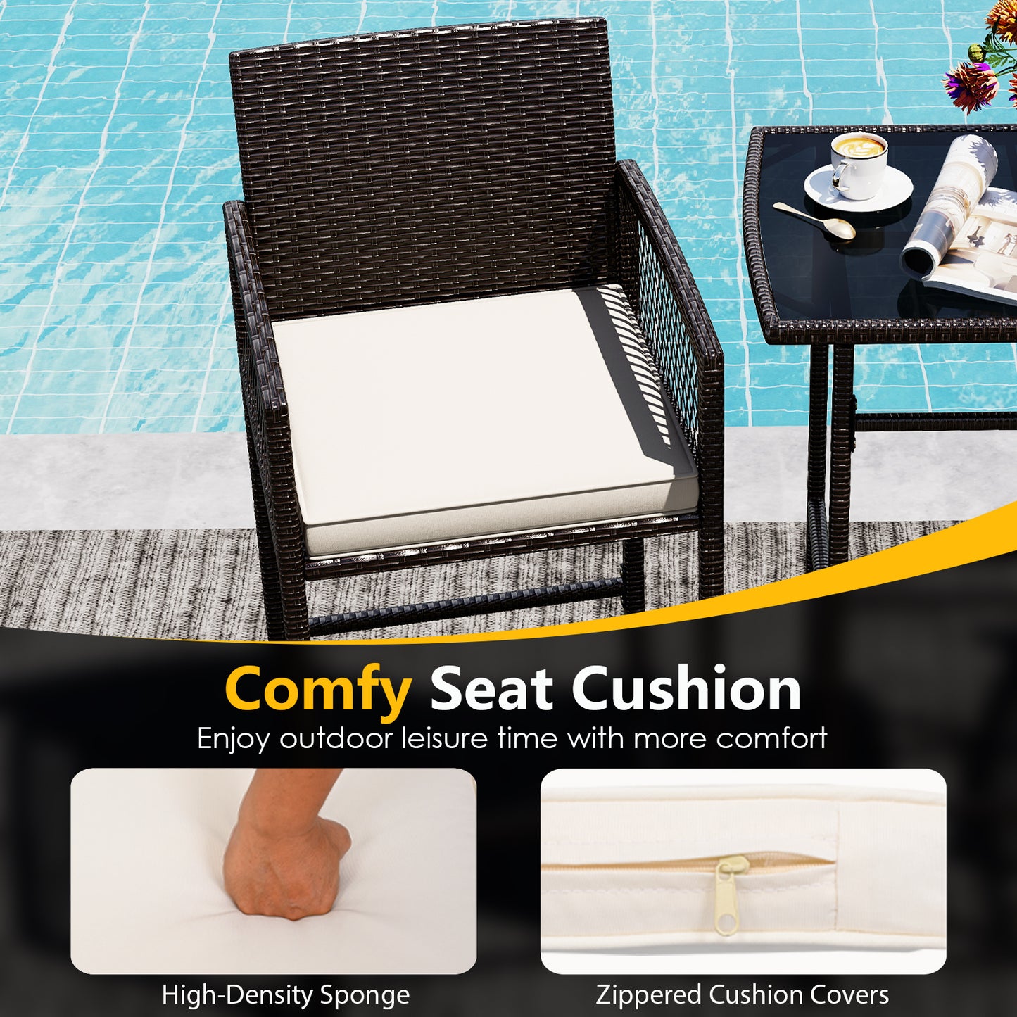 3 Piece Patio Bar Set Outdoor Wicker Bar Height Table and Armchairs with 2 Seat Cushions, White Patio Conversation Sets at Gallery Canada