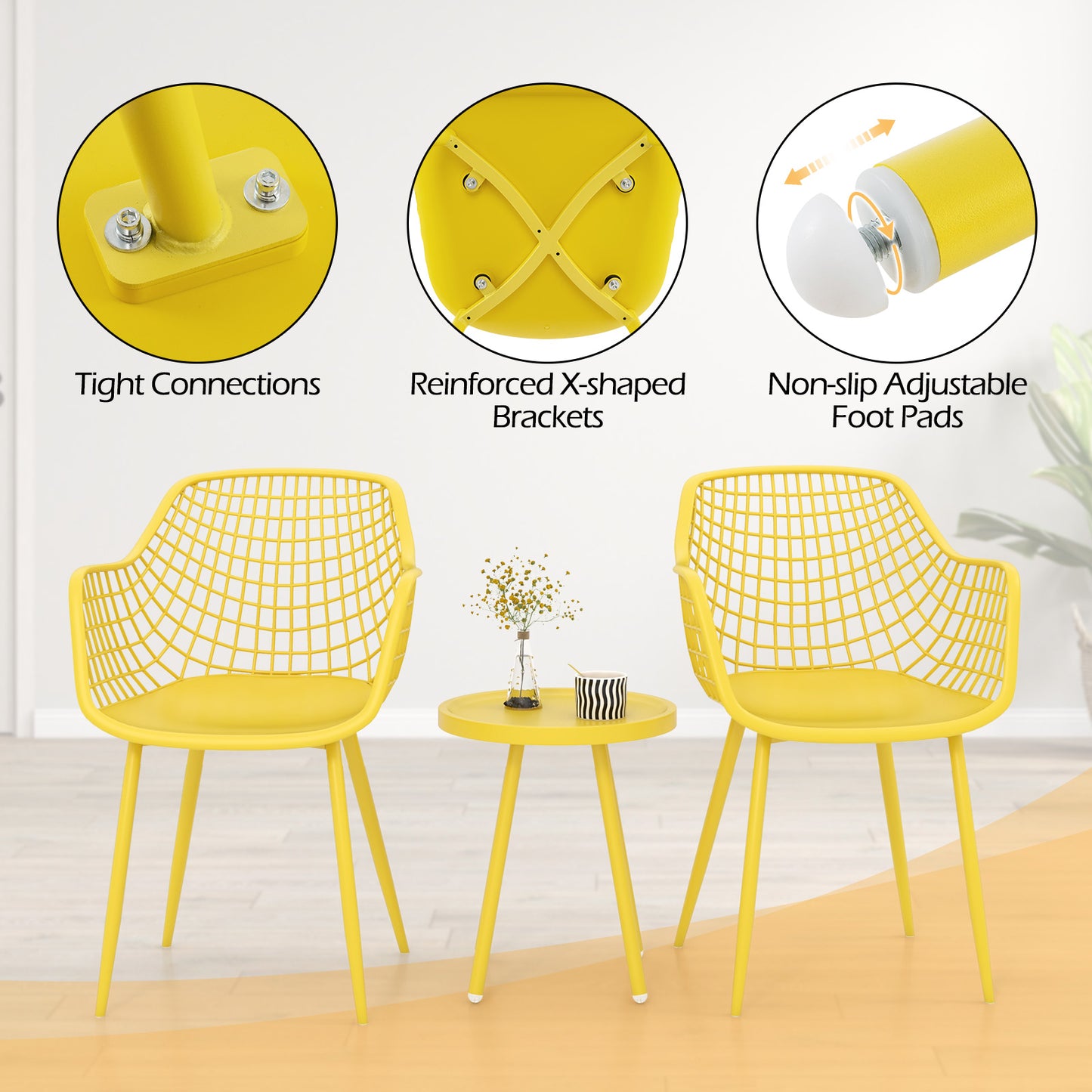 Ensemble de 3 chaises de patio, plateau en PP, jaune