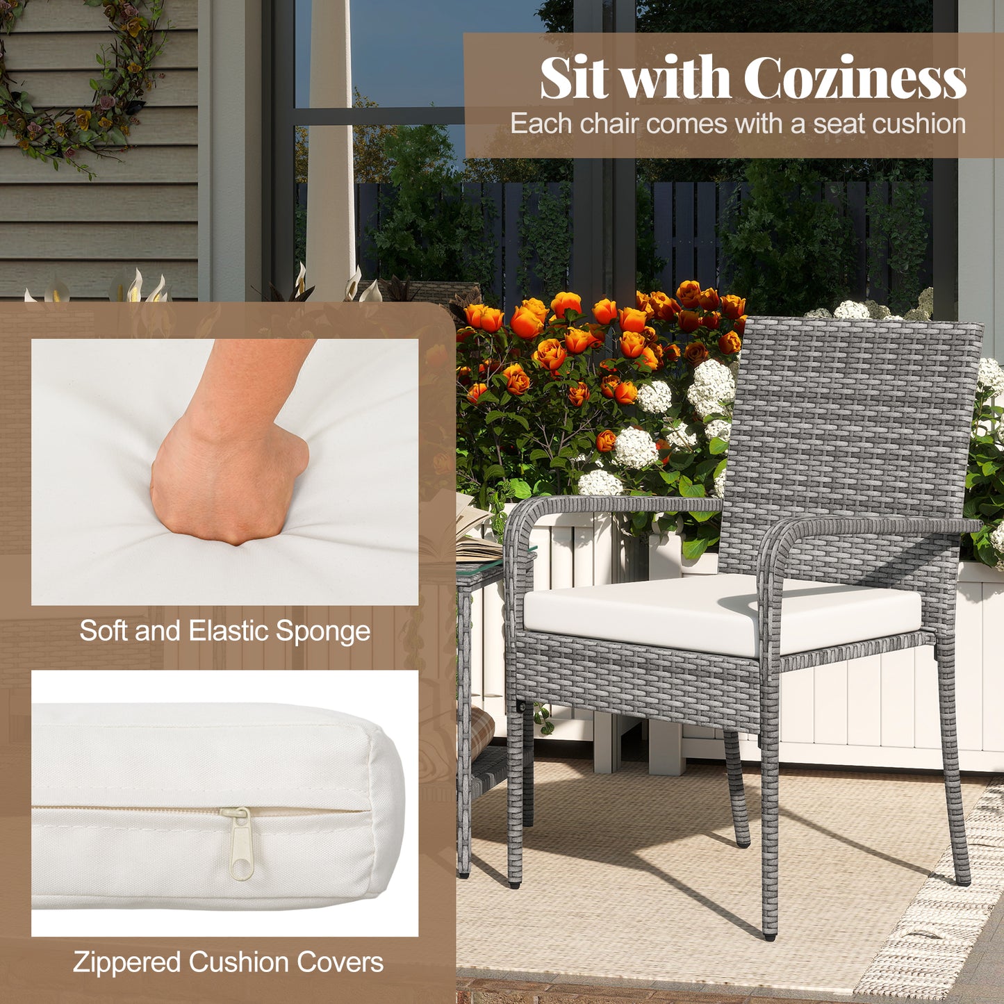 3 Piece Patio Furniture Set with Seat Cushions and Tempered Glass Tabletop for Balcony, White Patio Furniture Sets at Gallery Canada