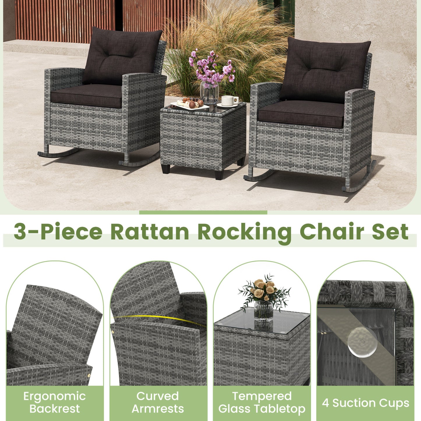3-Piece Patio Rattan Roker Chairs with Tempered Glass Table and Soft Cushions-Mix Gray, Mix Grey-black Patio Conversation Sets at Gallery Canada